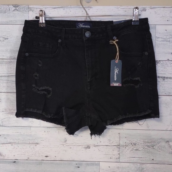 Mid Rise Distressed Raw Hem Denim Shorts Black 12 by Anvain - Picture 1 of 10